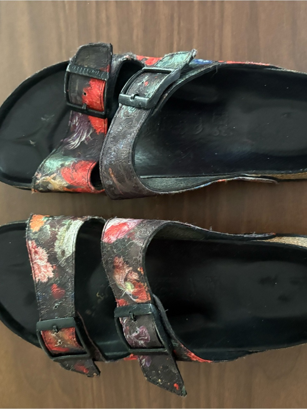 Papillio Floral Double-Buckle Slide Sandals - Black with Red & Green Floral